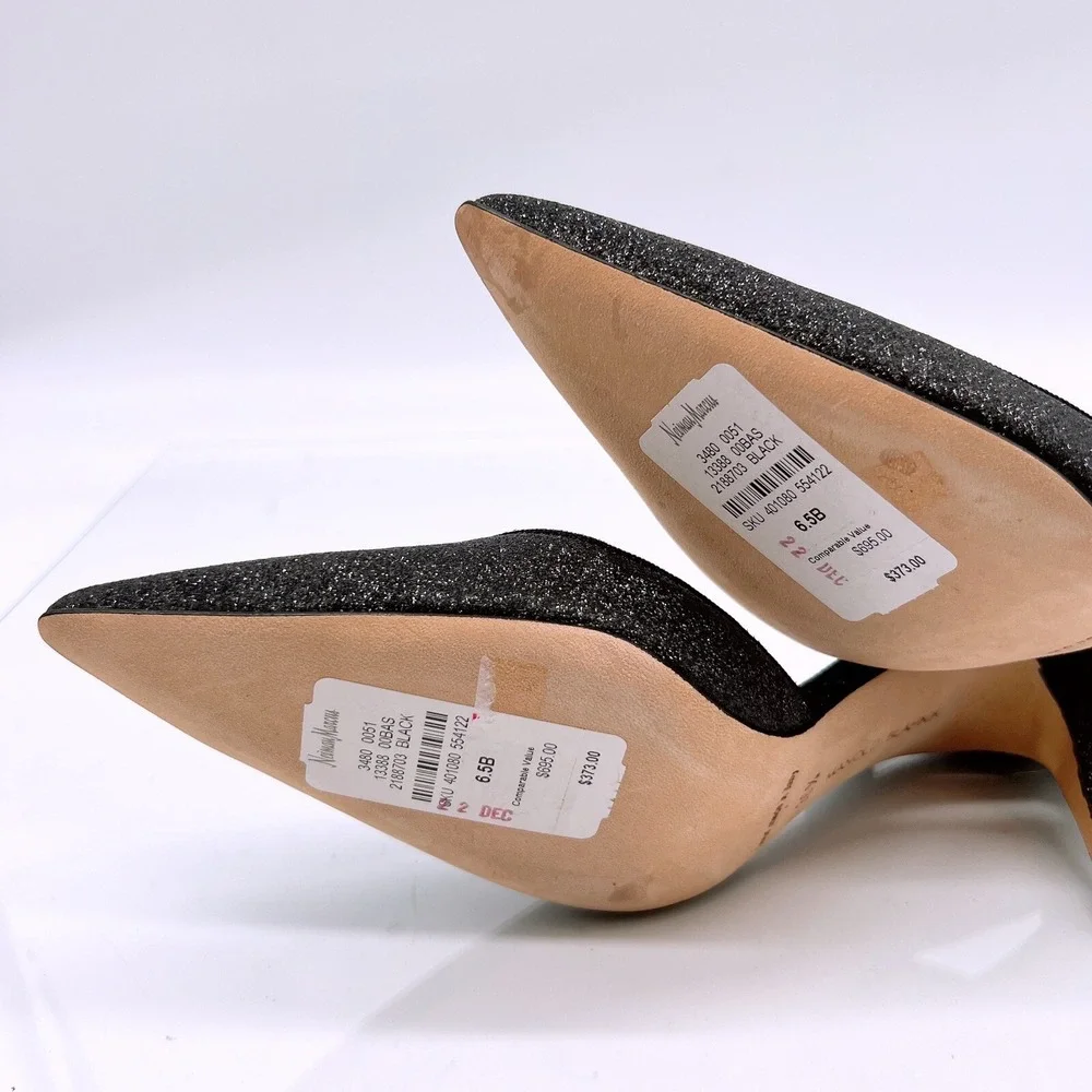 Manolo Blahnik Carolyne Low Heel Women's Slingback Pumps Black Glitter EU 36.5